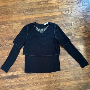 NWT Sandro Black Embellished Crop Blouse with Sheer Button Up Size 1